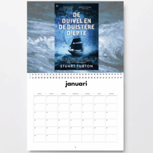 Kalender van januari met als afbeelding het boek De duivel en de duistere diepte van Stuart Turton.