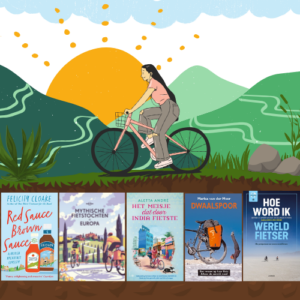 Illustratie van een vrouw op een fiets met op de achtergrond bergen en een grote, gele zon. Onderaan de covers van 5 boeken over fietsen en fietsreizen.
