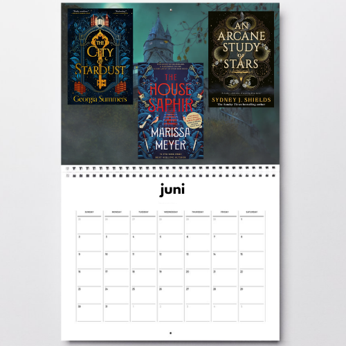Kalender van juni 2026 met daarop de in die maand gelezen boeken: The city of stardust, The House Saphir en An arcane study of stars.