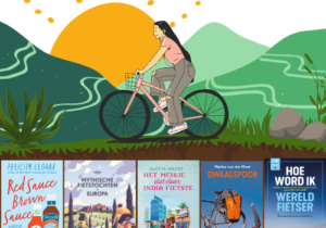 Illustratie van een vrouw op een fiets met op de achtergrond bergen en een grote, gele zon. Onderaan de covers van 5 boeken over fietsen en fietsreizen.