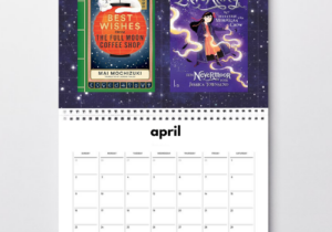 Kalender met daarop de 2 boeken die ik in april 2026 las: Best wishes from the Full Moon Coffee Shop en Zilverling.