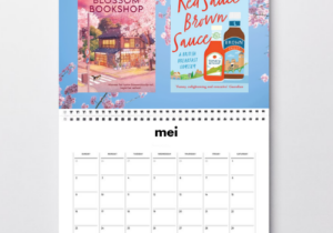 Kalender van mei 2026 met daarop twee boeken: De Cherry Blossom Book Shop en Red sauce, brown sauce