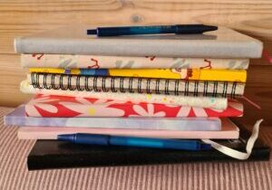 Stapel gekleurde notitieboekjes met daarop 2 blauwe pennen. De ondergrond is een roze corduroy stof en de achtergrond een wand van houten planken.