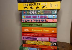 Vakantiesouvenir boeken: een stapel van 14 boeken waarvan je de titels op de rug ziet.